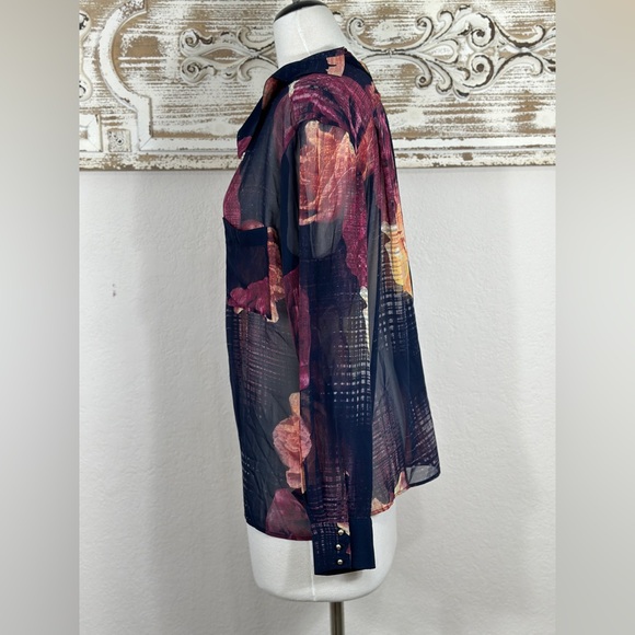 Robert Rogriguez floral sheer dark blue chiffon blouse size Large - Picture 3 of 8